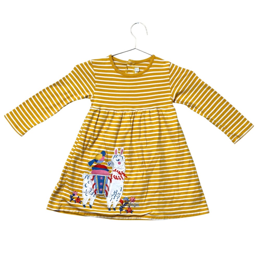 JoJo Maman Bebe Girls 4-5Y Mustard Stripe Llama Applique Cotton Dress